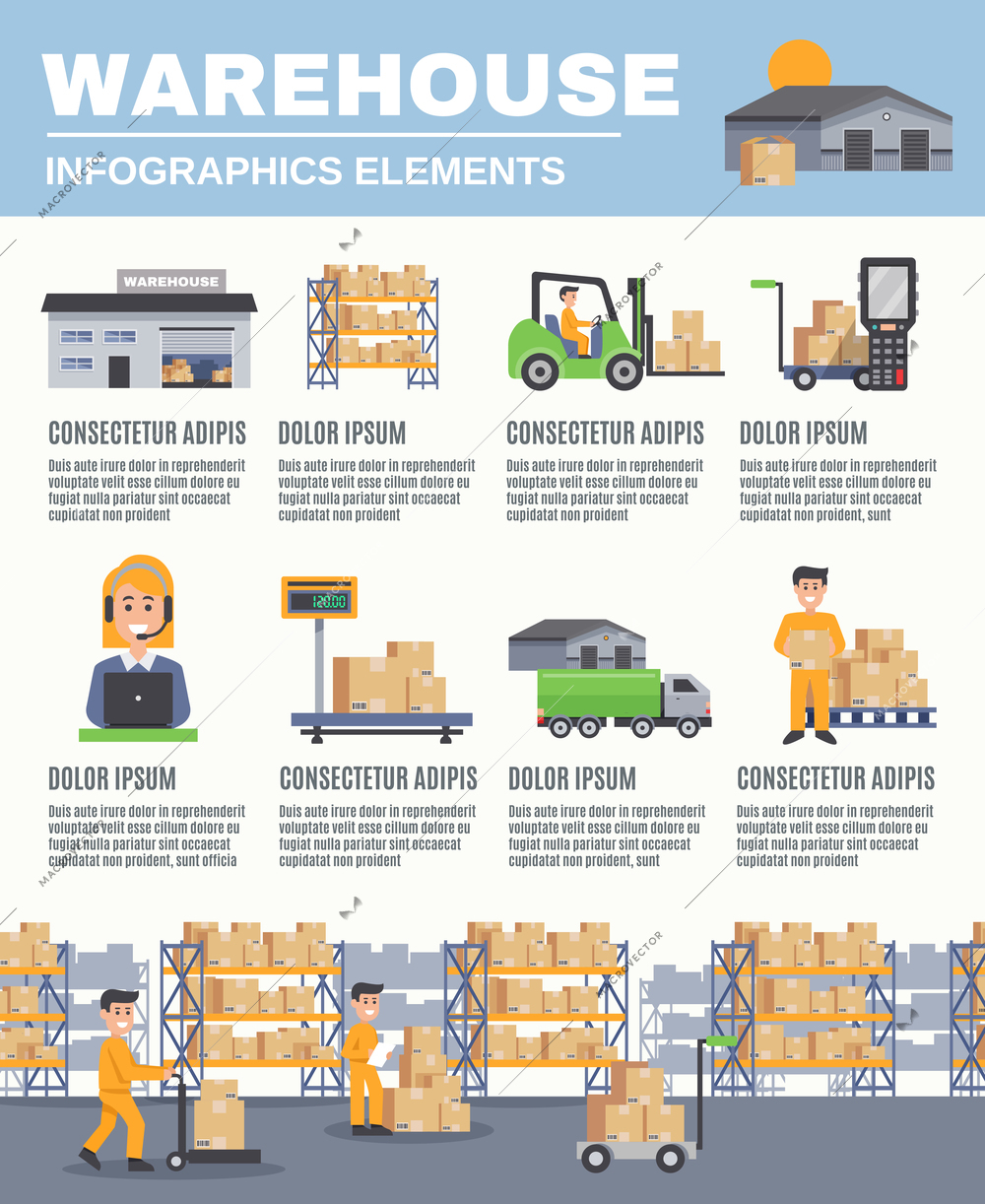 Warehouse infographics flat layout with cargo transport fork lift racks with boxes scales  images and information vector illustration