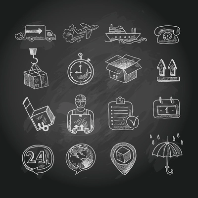 Logistic shipping freight service chalk board icons set isolated vector illustration