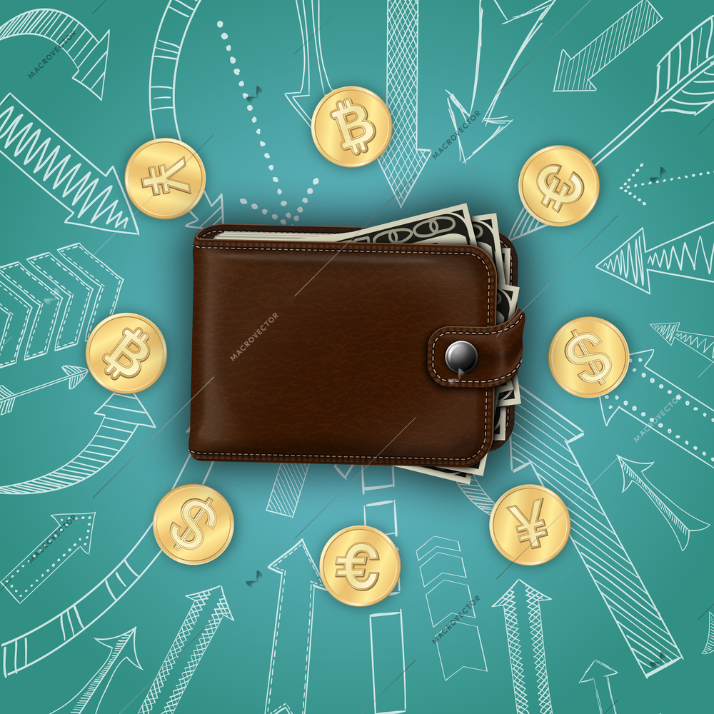 Realistic money template with closed leather wallet cash coins and hand drawn arrows isolated vector illustration