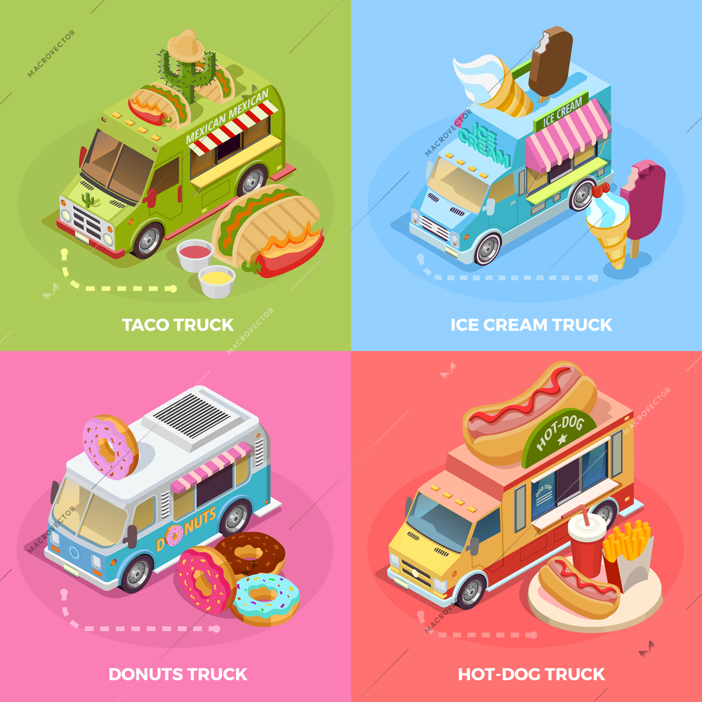 Street food trucks 4 isometric icons square banner with tacos ice cream and donuts isolated vector illustration