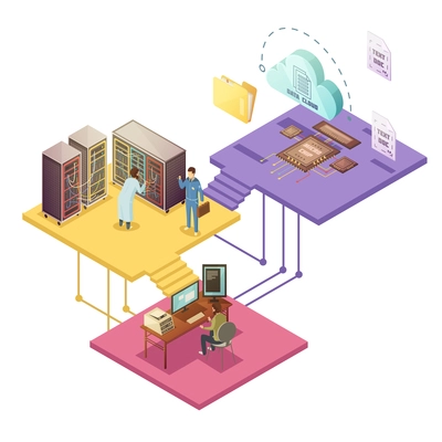 Datacenter with employees and security service server infrastructure cloud storage microchip folder and file isometric vector illustration