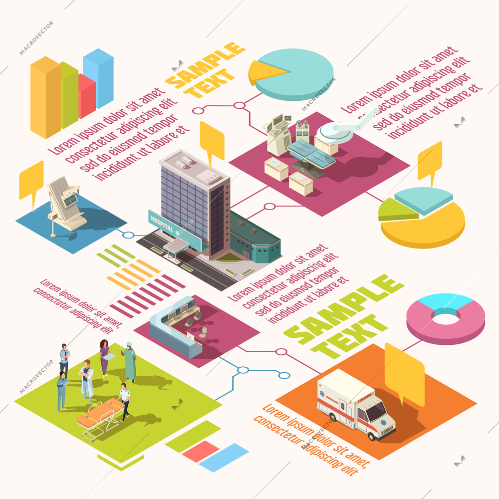 Colorful isometric hospital infographics with sample text and diagram template vector illustration