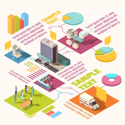 Colorful isometric hospital infographics with sample text and diagram template vector illustration