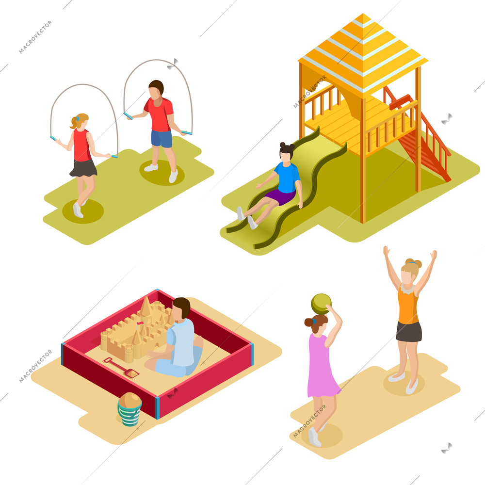 Colored isometric playground icon set with children play outdoor games and climb on playground vector illustration