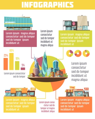 Store buildings infographic set with supermarket symbols cartoon vector illustration