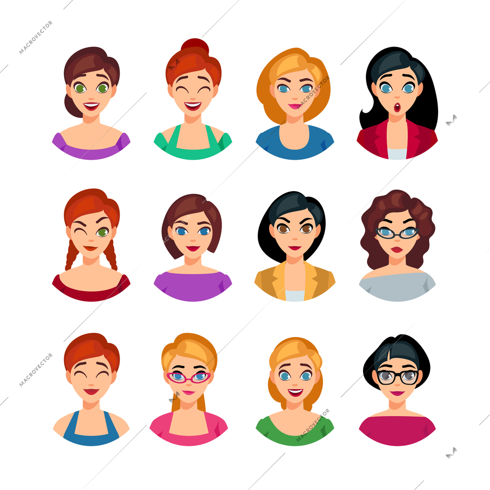 Facial emotions collection of pretty girls with different expressions and feelings isolated vector illustration