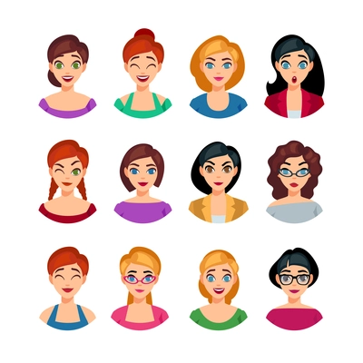 Facial emotions collection of pretty girls with different expressions and feelings isolated vector illustration