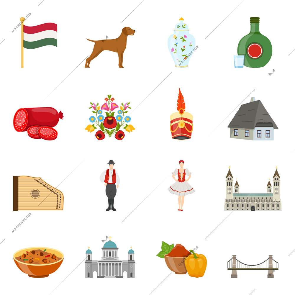 Set of isolated hungary flat decorative icons with pieces of folk art traditional food and architecture vector illustration