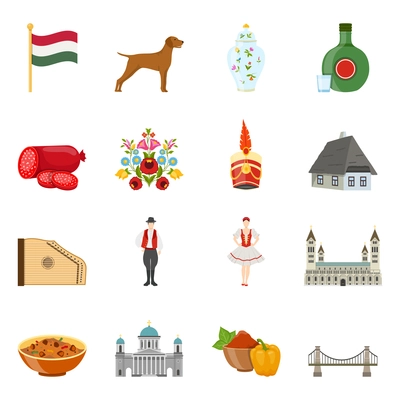 Set of isolated hungary flat decorative icons with pieces of folk art traditional food and architecture vector illustration