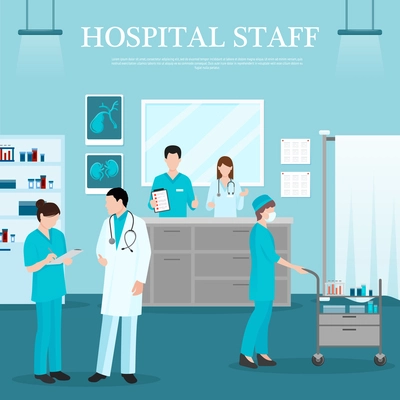 Medical staff template with doctor nurse assistant reception in clinic in flat style vector illustration