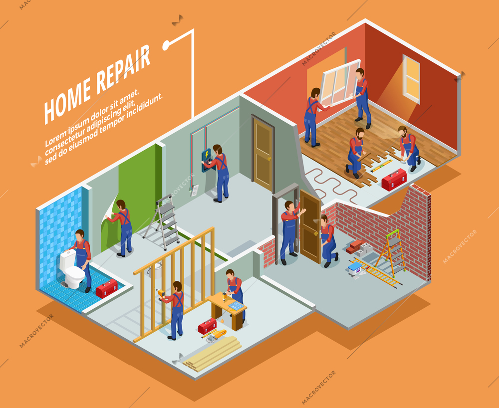 Home repair isometric template with painting carpentry  installation of toilet door and window  isolated vector illustration