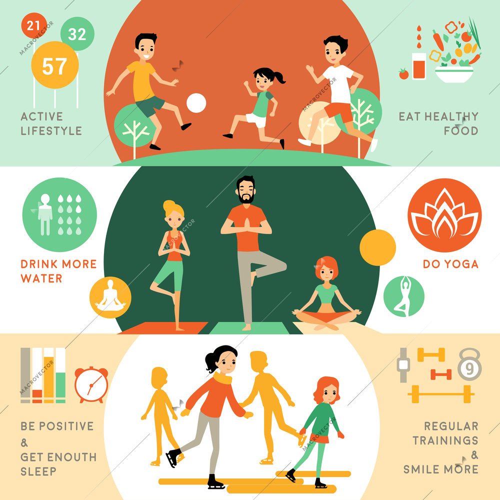 Active healthy lifestyle horizontal banners with people and different activities for good health vector illustration
