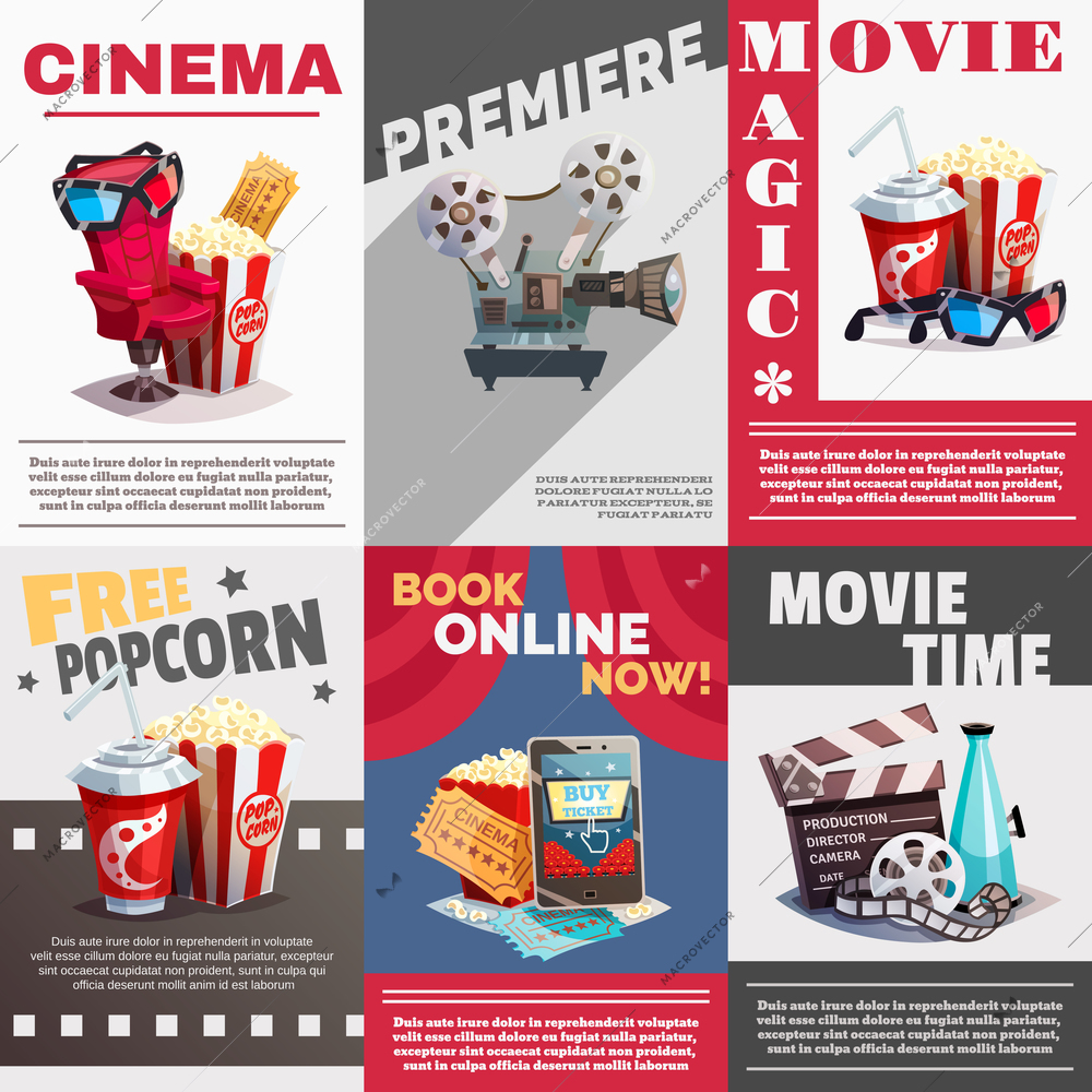 Set of cinema posters with premiere and movie time advertising decorative elements  in retro style vector illustration