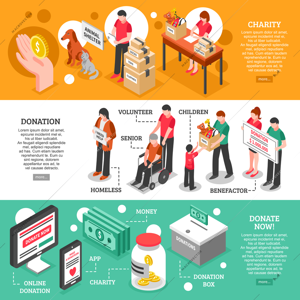 Charity donation center helping and caring about people and animals isometric banners isolated vector illustration