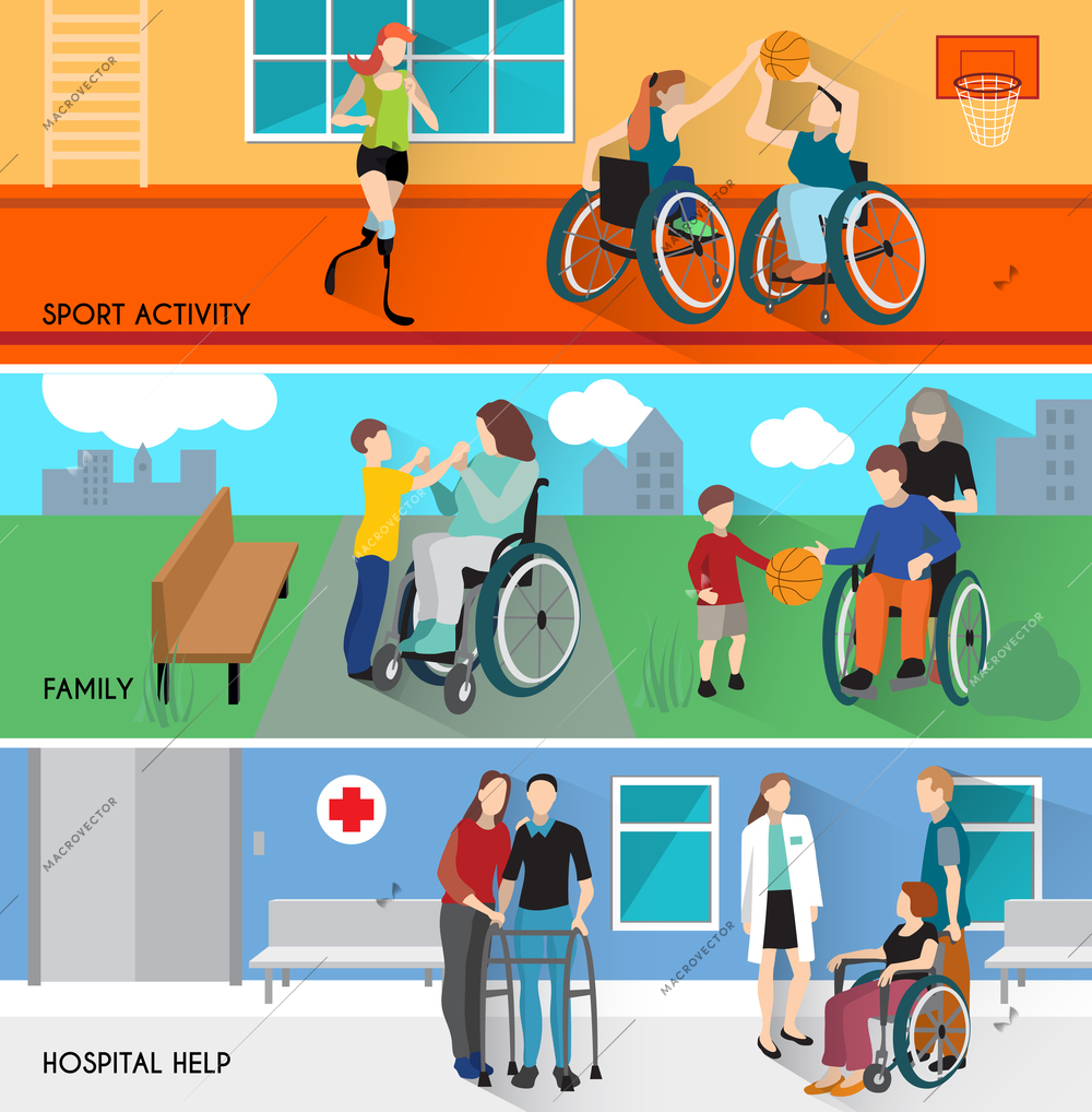 Disabled people horizontal banners set with sport activity and family symbols flat isolated vector illustration