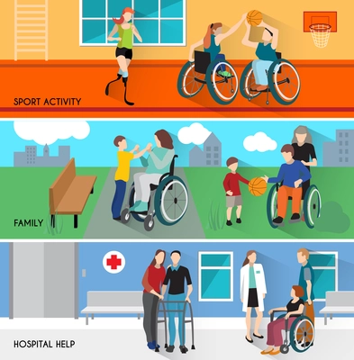 Disabled people horizontal banners set with sport activity and family symbols flat isolated vector illustration