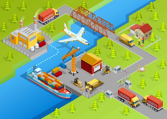 Logistic delivery template with shipping air transport trucks sea freight production and warehouse vector illustration