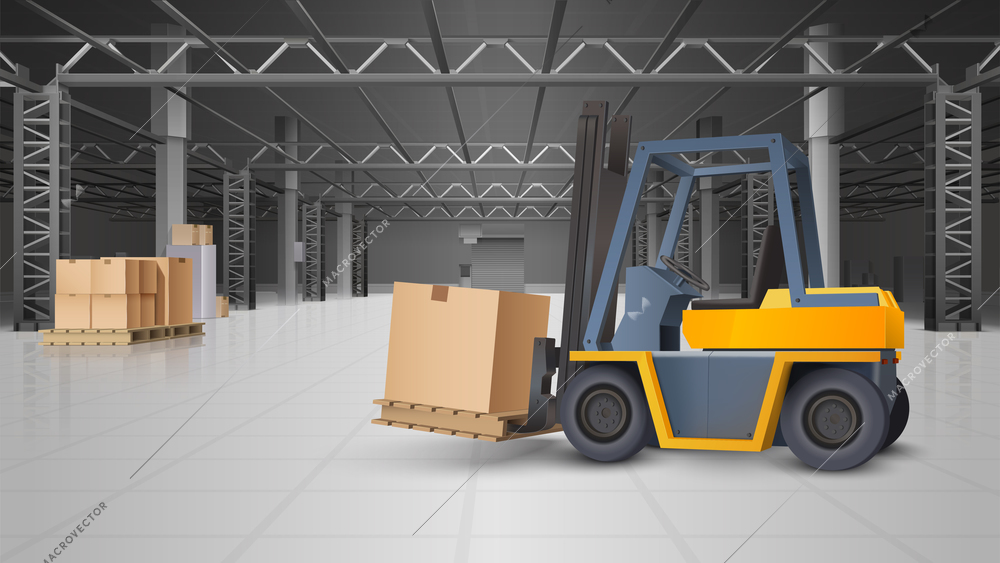 Warehouse interior and logistics realistic background with forklift and boxes vector illustration