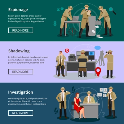 Detective spy horizontal banners with agents in various professional situations in flat style vector illustration