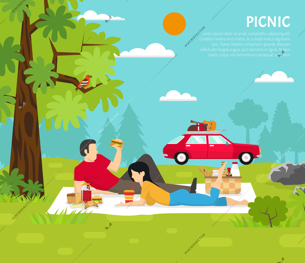 Outdoor place with couple of man and woman having picnic on grass in park vector illustration