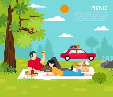 Outdoor place with couple of man and woman having picnic on grass in park vector illustration