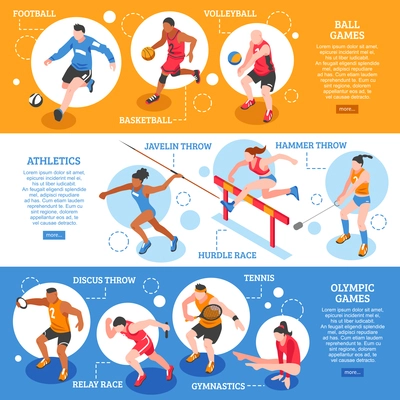 Sportsmen isometric horizontal banners with players and athletes of different types of sport isolated vector illustration