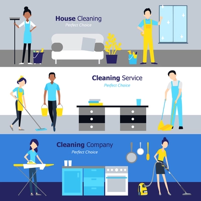 Professional cleaning horizontal banners with services of companies and people in flat style vector illustration