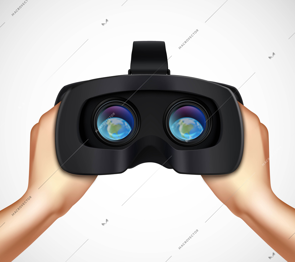 Hands holding virtual augmented reality headset for computer games simulators and training realistic closeup image vector illustration