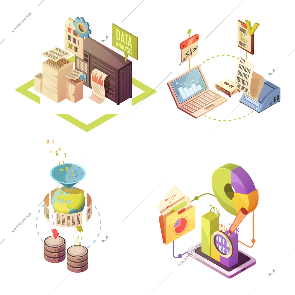 Data analysis isometric compositions with information gathering processing and check charts and statistics isolated vector illustration