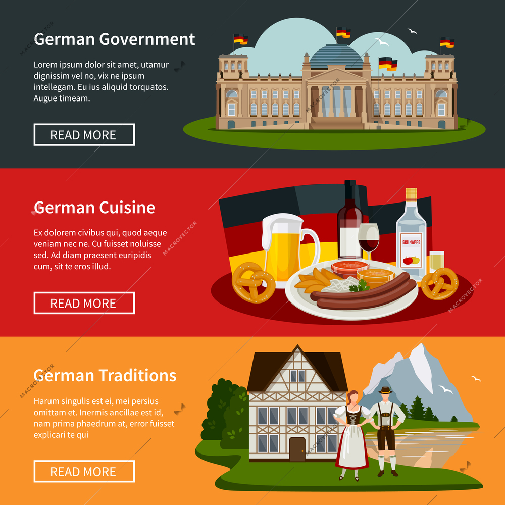 Germany flat horizontal banners with plate of national food government building and traditional symbols vector illustration