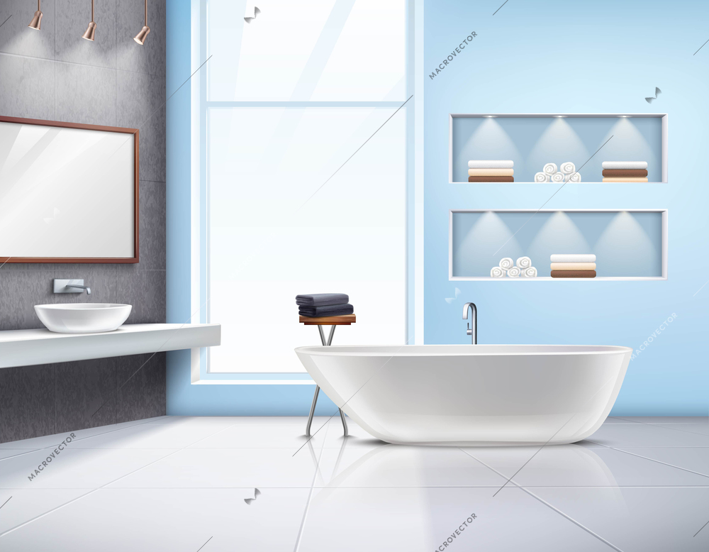 Modern spacious sunlit bathroom interior realistic design with white bath sink accessories and big window vector illustration