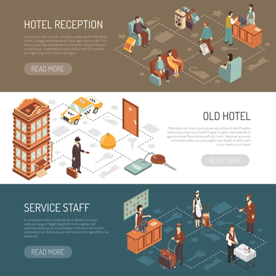 Hotel isometric horizontal banners with old hotel building service staff and reception hall with visitors  vector illustration