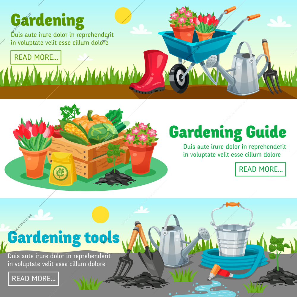 Gardening horizontal banners with guide information about measures for growing of agricultural products flat vector illustration