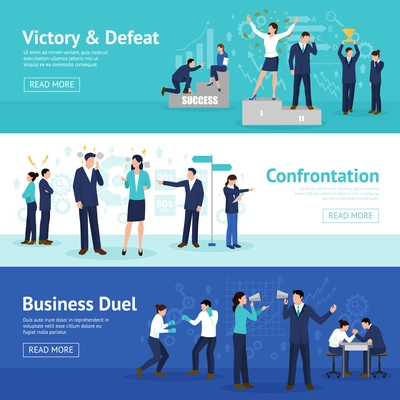 Constructive business confrontation principles for profitable result 3 flat horizontal banners webpage design isolated vector illustration