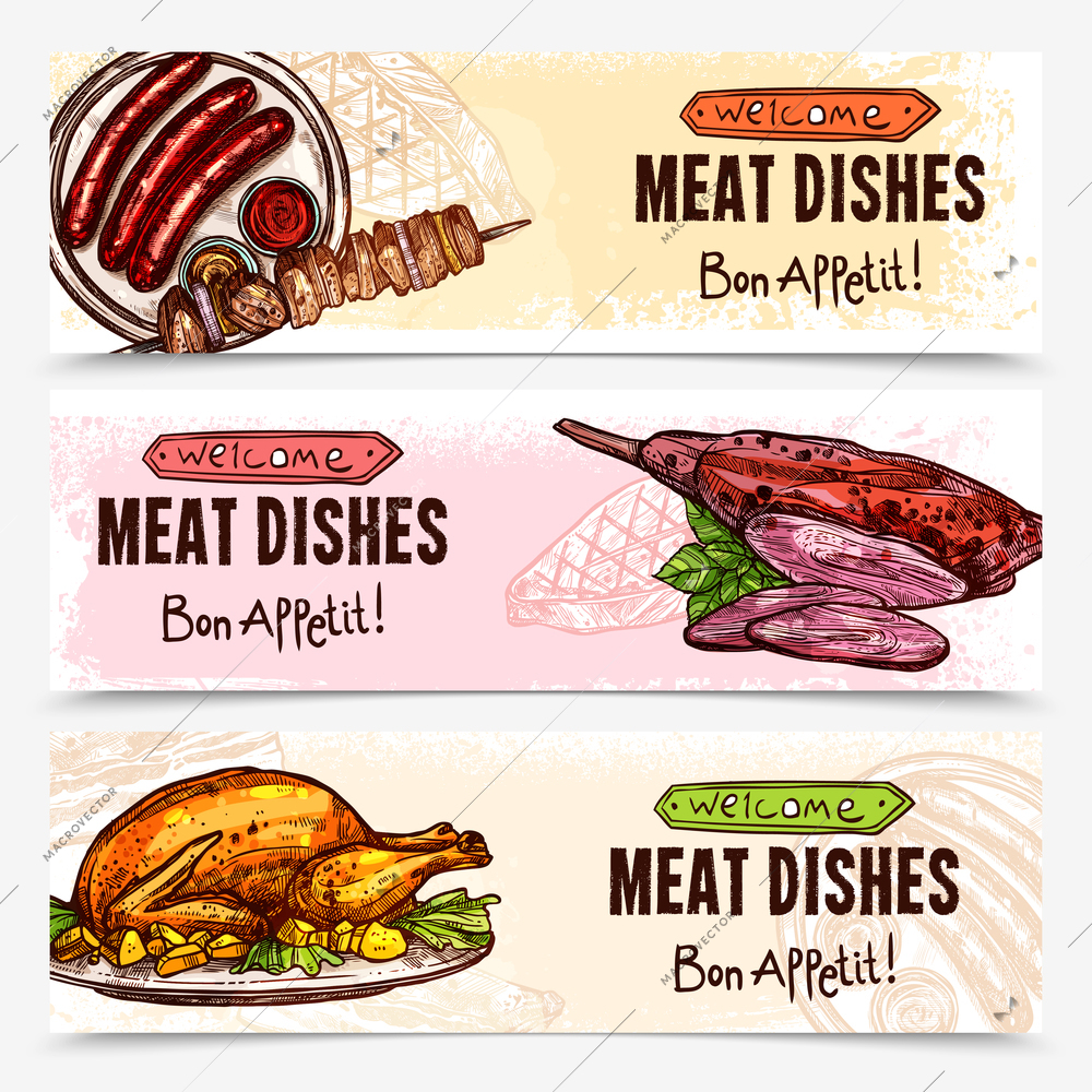 Hand drawn meat horizontal banners with chicken barbecue sausages grill roast dishes vector illustration