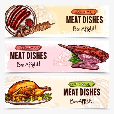 Hand drawn meat horizontal banners with chicken barbecue sausages grill roast dishes vector illustration