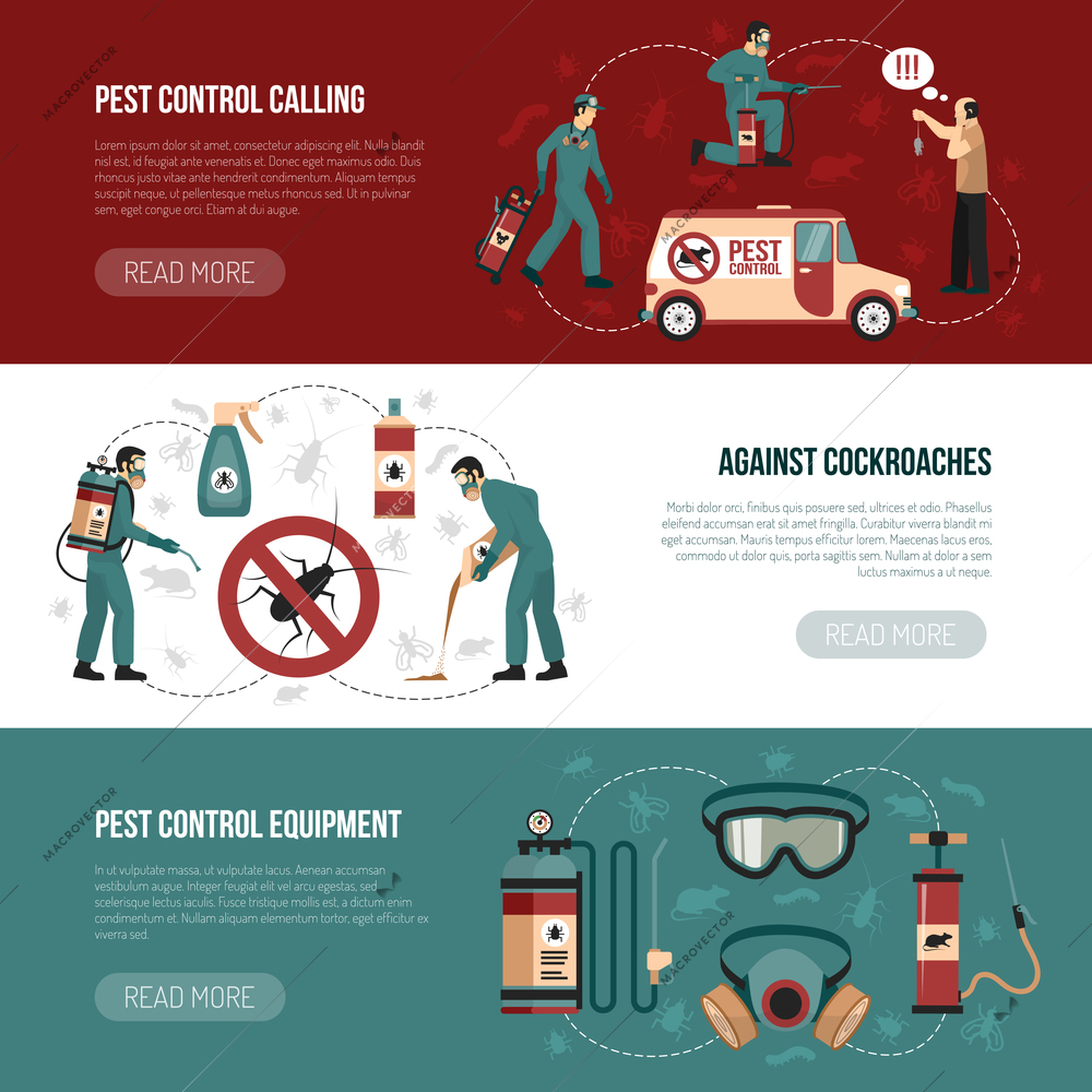 Pest control horizontal banners with exterminators of insects in chemical protective using repellents against cockroaches flat vector illustration