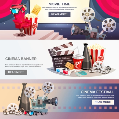 Cinematography flat horizontal banners with movie time and cinema festival design compositions in retro style vector illustration