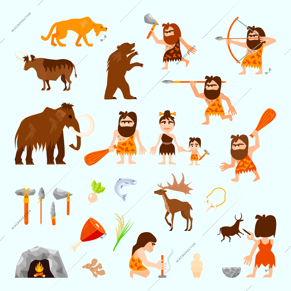 Stone age flat icons set with caveman animals tools food tribe bonfire hunting sculpture isolated vector illustration