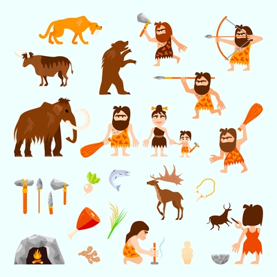 Stone age flat icons set with caveman animals tools food tribe bonfire hunting sculpture isolated vector illustration