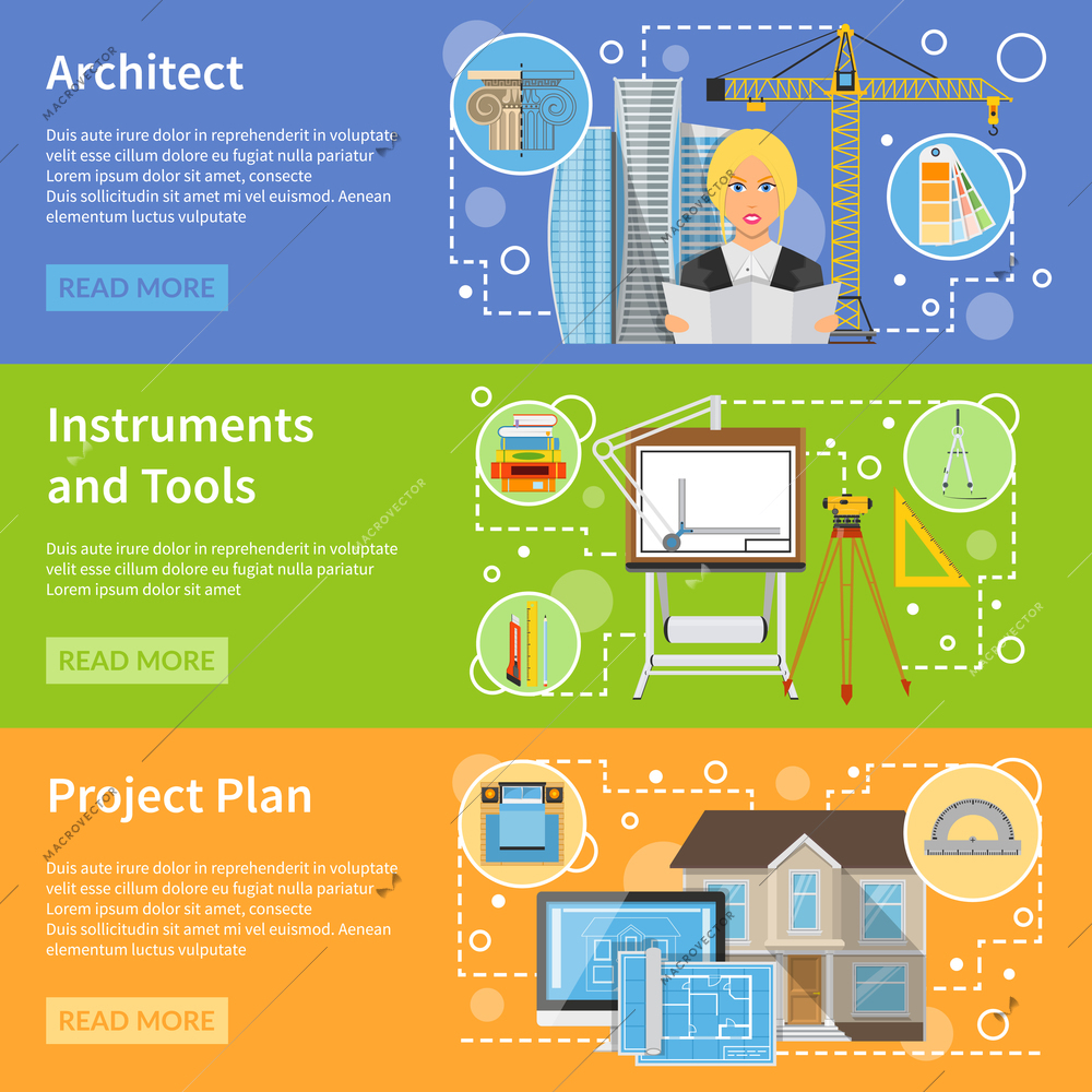 Architect flat horizontal banners set of instrument and tools icons and advertising of house planning vector illustration