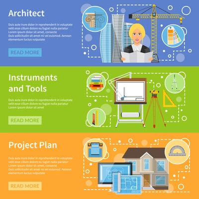 Architect flat horizontal banners set of instrument and tools icons and advertising of house planning vector illustration