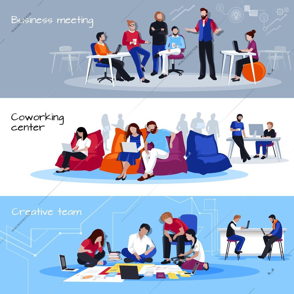 Coworking people horizontal banners with business meating coworking center and creative team compositions flat vector illustration