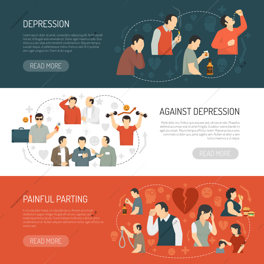 Depression horizontal banners with decorative icons describing causes of disease and its consequences  flat vector illustration