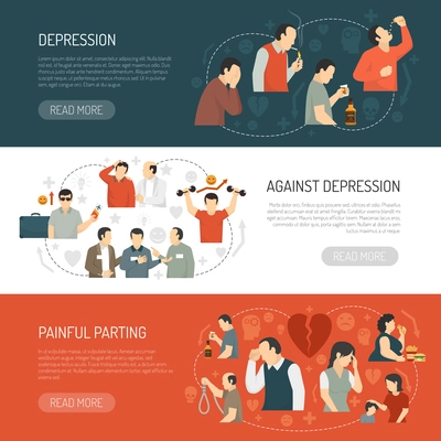 Depression horizontal banners with decorative icons describing causes of disease and its consequences  flat vector illustration