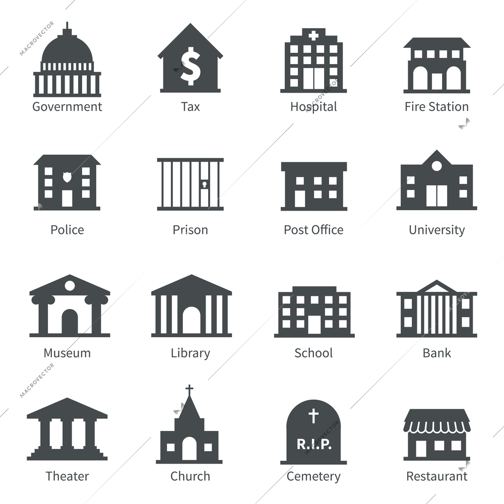 Government building icons set of police  museum library theater isolated vector illustration