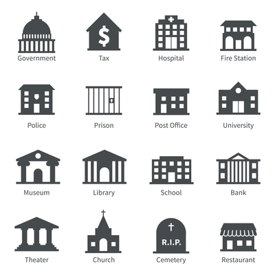 Government building icons set of police  museum library theater isolated vector illustration