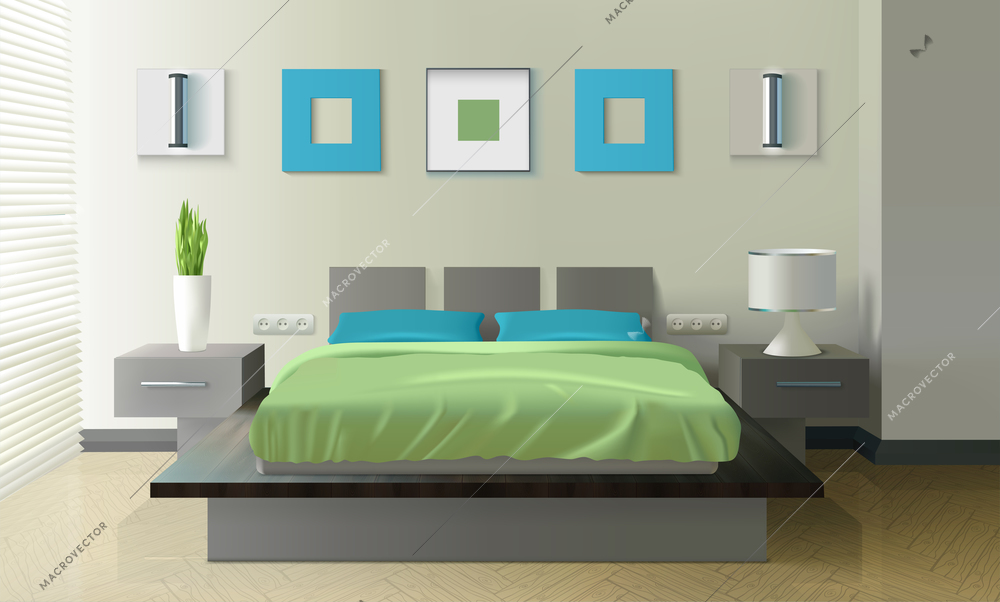 Modern bedroom realistic design with bed vase and lamp realistic vector illustration