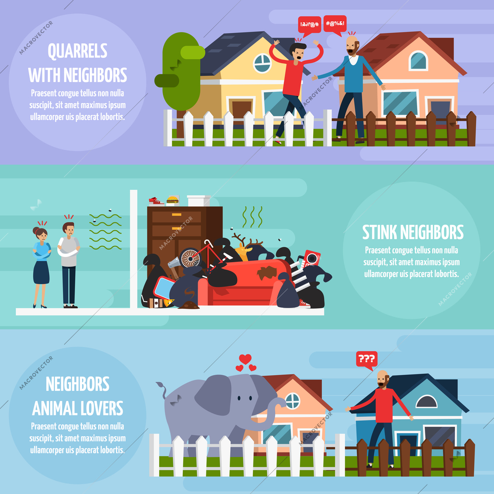 Conflicts with neighbors horizontal banners set with stink neighbors symbols flat isolated vector illustration