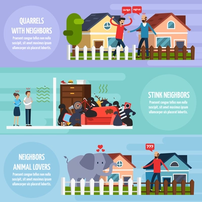 Conflicts with neighbors horizontal banners set with stink neighbors symbols flat isolated vector illustration